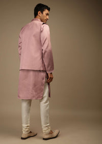 Mauve Nehru Jacket And Kurta Set In Raw Silk With Resham And Mirror Abla Embroidered Geometric Jaal
