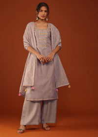 Mauve Pink Embroidered Kurti And Palazzo Set With Brocade Weaved Dupatta