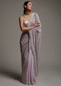 Mauve Pink Half And Half Saree In Crepe With Crushed Sequins Pallu And Unstitched Blouse