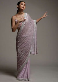 Mauve Pink Half And Half Saree In Crepe With Crushed Sequins Pallu And Unstitched Blouse