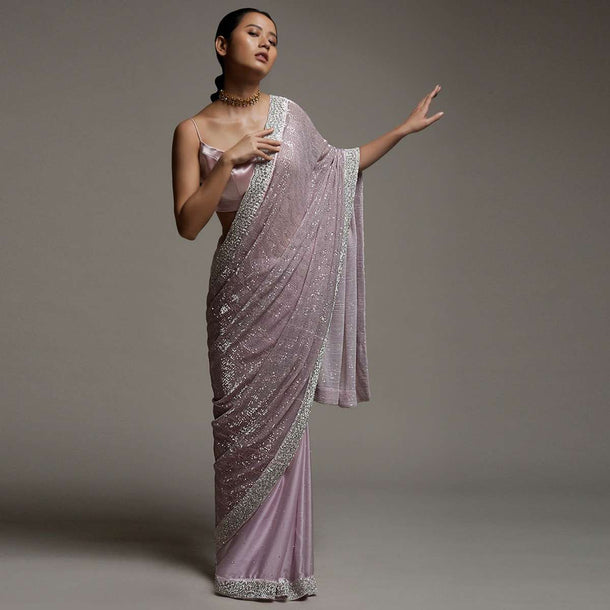 Mauve Pink Half And Half Saree In Crepe With Crushed Sequins Pallu And Unstitched Blouse