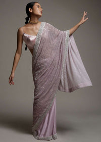 Mauve Pink Half And Half Saree In Crepe With Crushed Sequins Pallu And Unstitched Blouse