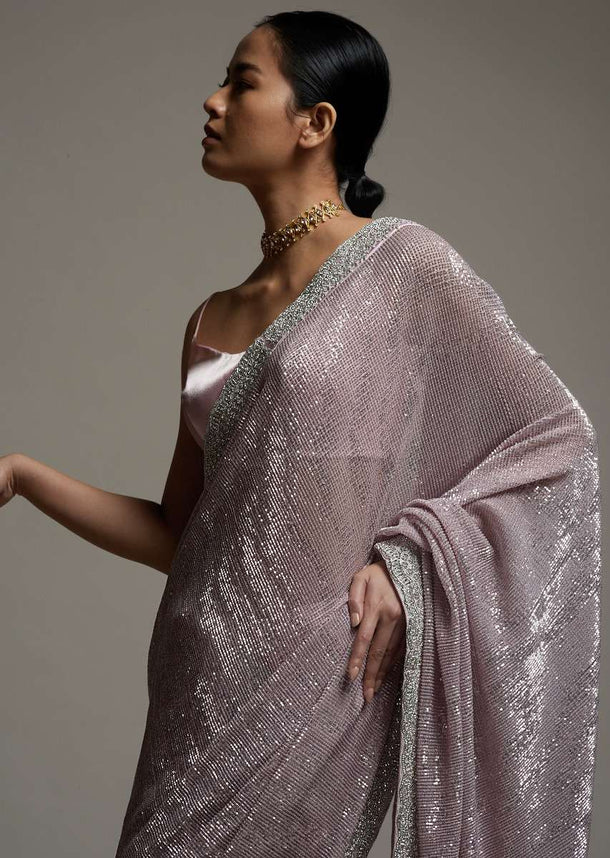 Mauve Pink Half And Half Saree In Crepe With Crushed Sequins Pallu And Unstitched Blouse