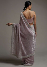 Mauve Pink Half And Half Saree In Crepe With Crushed Sequins Pallu And Unstitched Blouse