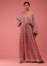 Mauve Pink Jumpsuit In Seamless Print With Golden Zari Embroidery, It Is Crafted In Organza With Balloon Sleeves