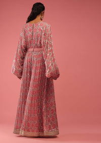 Mauve Pink Jumpsuit In Seamless Print With Golden Zari Embroidery, It Is Crafted In Organza With Balloon Sleeves