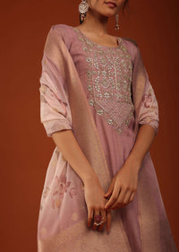 Mauve Pink Kurti And Palazzo Set In Chanderi Silk With Gotta Work