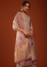 Mauve Pink Kurti And Palazzo Set In Chanderi Silk With Gotta Work