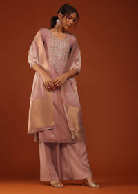 Mauve Pink Kurti And Palazzo Set In Chanderi Silk With Gotta Work