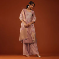 Mauve Pink Kurti And Palazzo Set In Chanderi Silk With Gotta Work