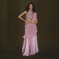 Mauve Pink Satin Skirt With Taupe Sequins Blouse Featuring Criss Cross Straps On The Back