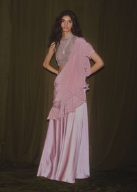 Mauve Pink Satin Skirt With Taupe Sequins Blouse Featuring Criss Cross Straps On The Back