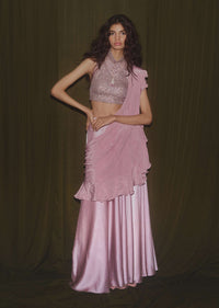 Mauve Pink Satin Skirt With Taupe Sequins Blouse Featuring Criss Cross Straps On The Back