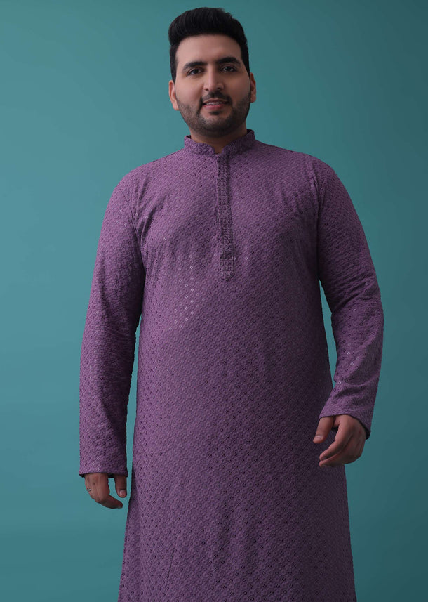 Mauve Purple Chikankari Kurta Set In Lucknowi With Sequin Embroidery