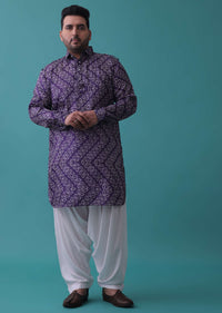 Mauve Purple Bandhani Printed Jacket Kurta Set In Silk