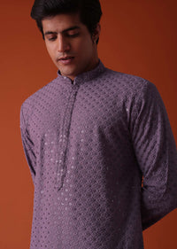 Mauve Purple Chikankari Kurta Set With Sequins Embroidery In Lucknowi