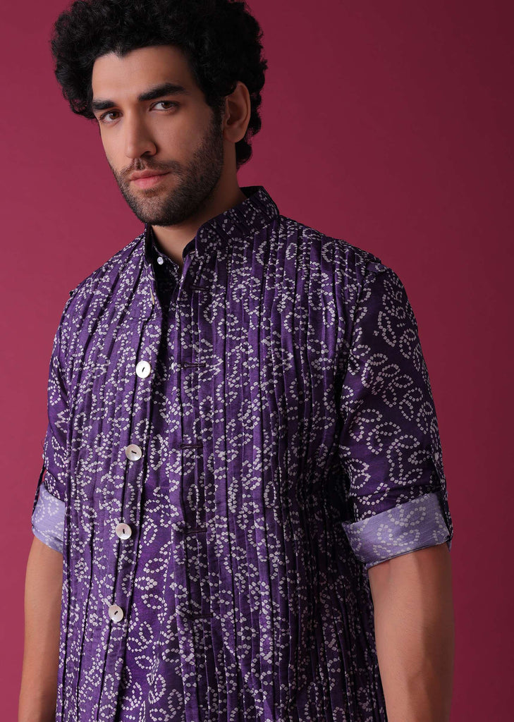 Mauve Purple Jacket Kurta Set In Silk With Bandhani Print