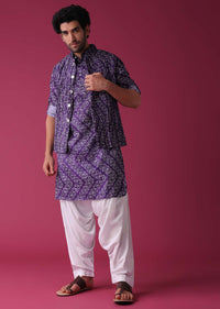 Mauve Purple Jacket Kurta Set In Silk With Bandhani Print