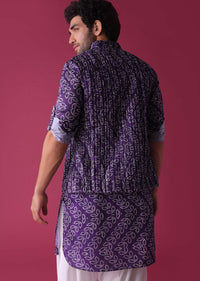 Mauve Purple Jacket Kurta Set In Silk With Bandhani Print