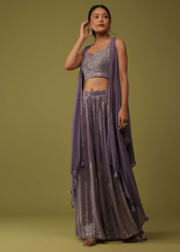 Mauve Purple Mirror Embellished Crop Top And Palazzo Set With Jacket