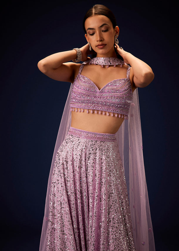 Mauve Sequence Double Layer Skirt Dupatta Set With Hand Embroidered Blouse