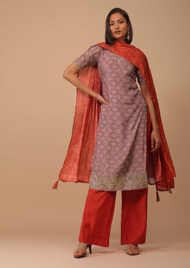 Lavender Purple Bandhani Printed Cotton Palazzo Suit With Embroidery