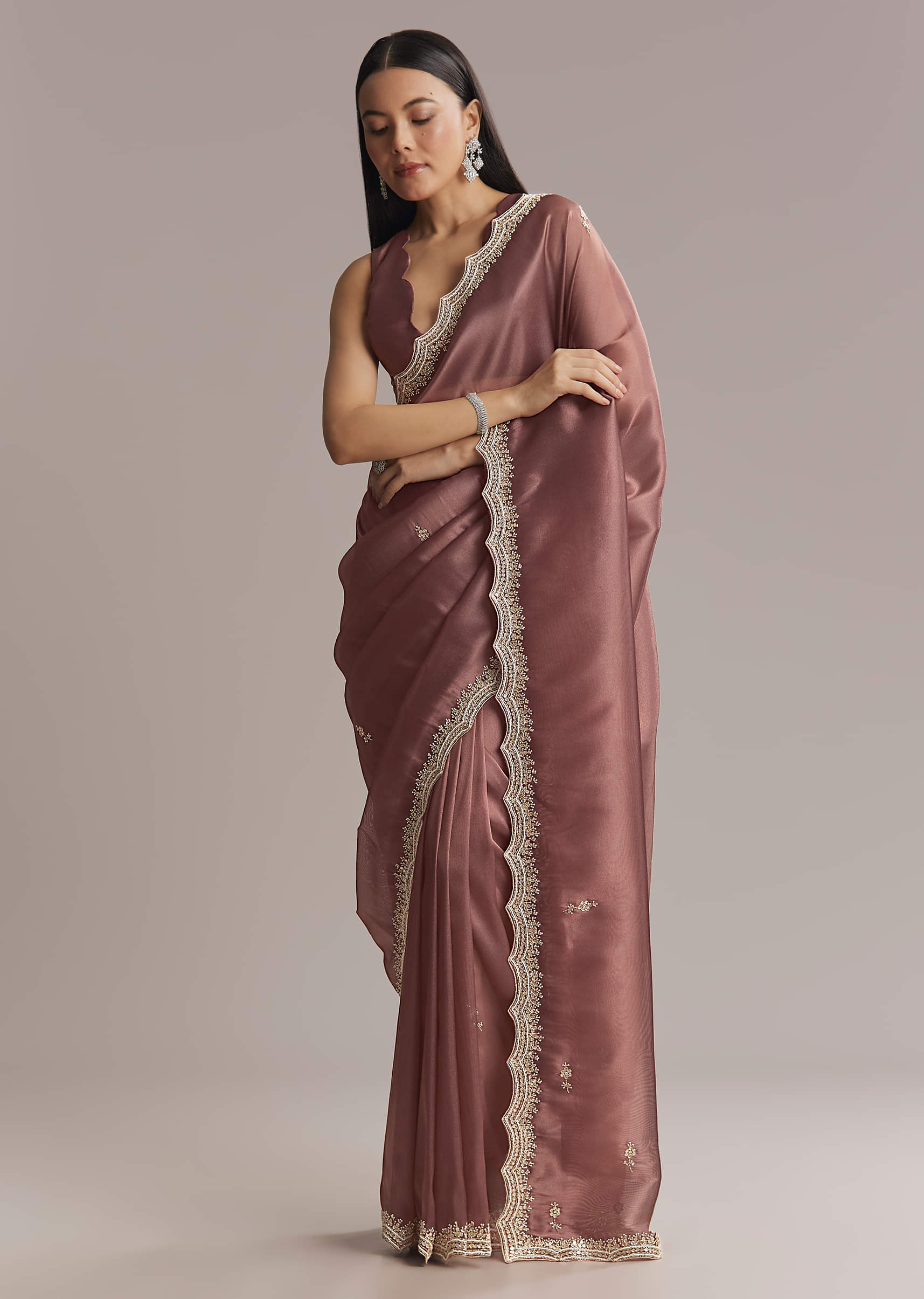 Mauve Silk Saree With Bead And Cutdana Embroidery