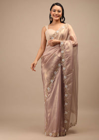 Mauve Tissue Saree In White Moti And Cut Dana Embroidery Buttis, Border Has Cutwork Embroidery Detailing