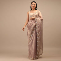 Mauve Tissue Saree In White Moti And Cut Dana Embroidery Buttis, Border Has Cutwork Embroidery Detailing