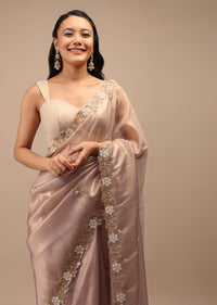 Mauve Tissue Saree In White Moti And Cut Dana Embroidery Buttis, Border Has Cutwork Embroidery Detailing