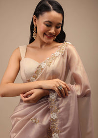 Mauve Tissue Saree In White Moti And Cut Dana Embroidery Buttis, Border Has Cutwork Embroidery Detailing