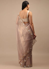 Mauve Tissue Saree In White Moti And Cut Dana Embroidery Buttis, Border Has Cutwork Embroidery Detailing