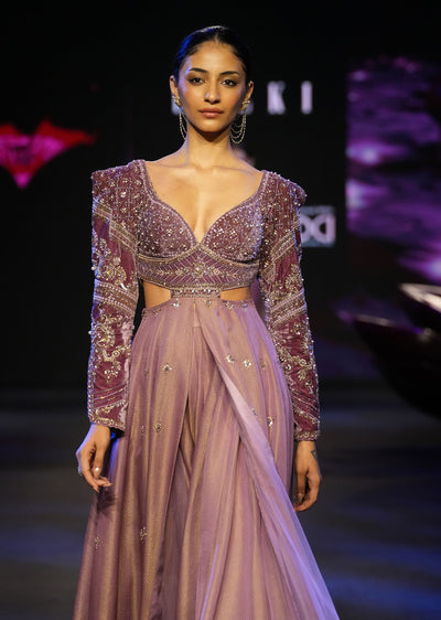 Mauve Embroidered Anarkali Suit With Flared Palazzo Pant