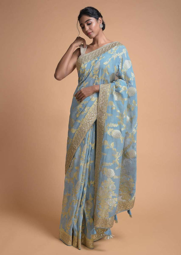 Maya Blue Banarasi Saree In Georgette With Weaved Floral Jaal Online - Kalki Fashion