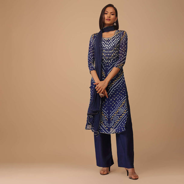 Royal Blue Gotta Embroidered Bandhani Printed Georgette Palazzo Suit With Chiffon Dupatta