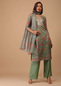 Moss Green Gotta Embroidered Floral Palazzo Suit In Kota Doriya