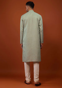 Powder Green Embroidered Kurta Set With Mirror Work In Cotton Silk