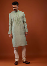 Powder Green Embroidered Kurta Set With Mirror Work In Cotton Silk