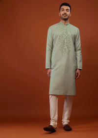 Powder Green Embroidered Kurta Set With Mirror Work In Cotton Silk