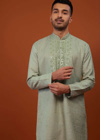 Powder Green Embroidered Kurta Set With Mirror Work In Cotton Silk