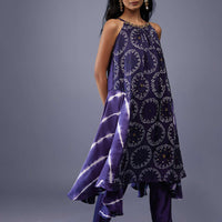 Midnight Blue Silk Bandhani Top With Tie-Dye Side Panel And Silk Dhoti Pants