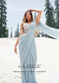 Alisha Pekha In Kalki Rani Pink Ready Pleated Striped Saree With Ruffles On The Border And A Heavily Embroidered Blouse
