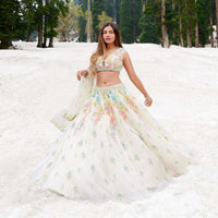 Megha Bajaj In Kalki Ivory Lehenga Choli In Organza With Embossed 3D Embroidered Colorful Summer Blossoms
