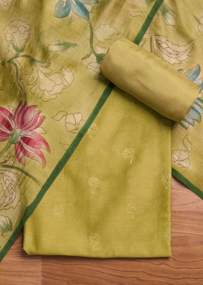 Mehendi Green Chanderi Embroidered Unstitched Suit Set