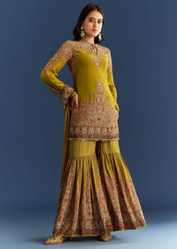 Mehendi Green Crepe Printed Kurta With Printed Sharara And Chinon Dupatta
