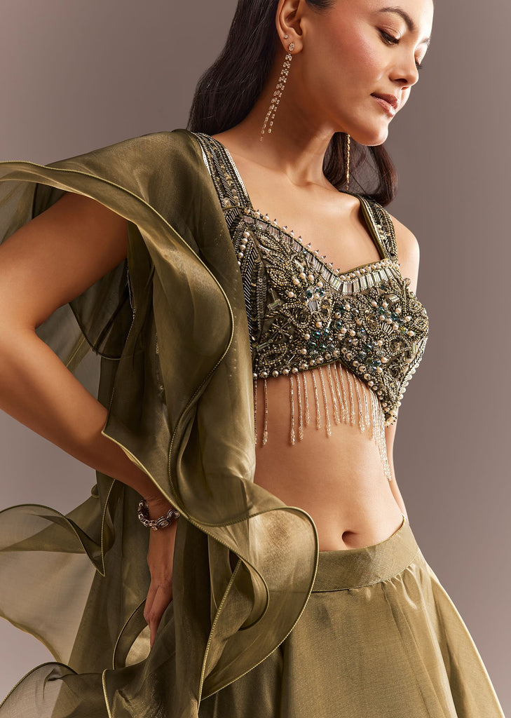 Mehendi Green Organza Choli Lehenga With Ruffled Dupatta