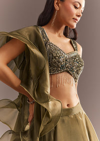 Mehendi Green Organza Choli Lehenga With Ruffled Dupatta