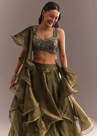 Mehendi Green Organza Choli Lehenga With Ruffled Dupatta