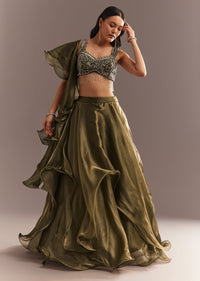 Mehendi Green Organza Choli Lehenga With Ruffled Dupatta