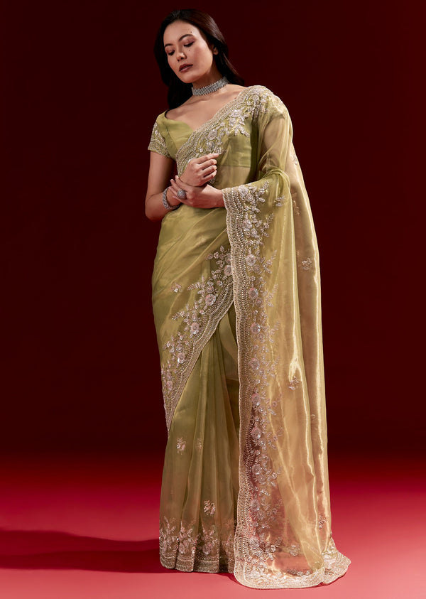 Mehendi Green Tissue Saree With Heavy Floral Scalloped Embroidered Border